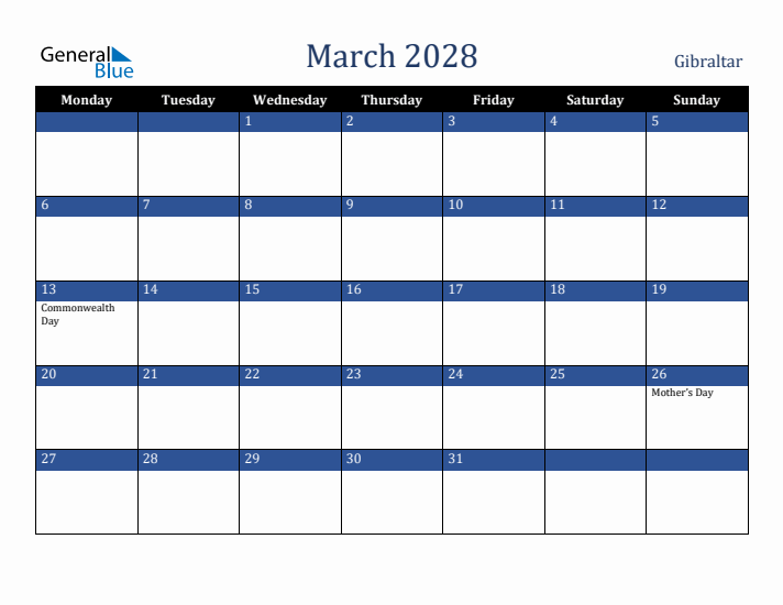 March 2028 Gibraltar Calendar (Monday Start)