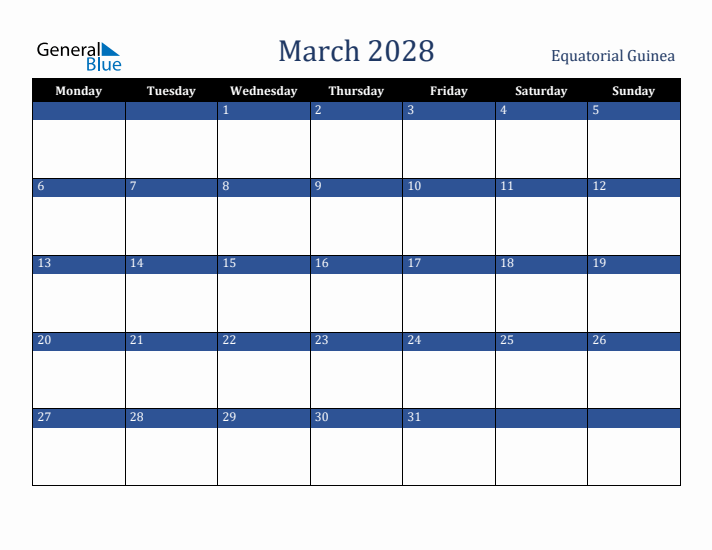 March 2028 Equatorial Guinea Calendar (Monday Start)