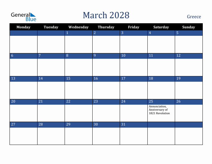 March 2028 Greece Calendar (Monday Start)