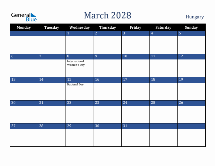 March 2028 Hungary Calendar (Monday Start)