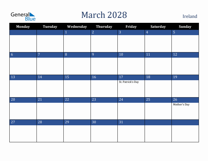 March 2028 Ireland Calendar (Monday Start)