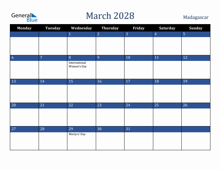 March 2028 Madagascar Calendar (Monday Start)