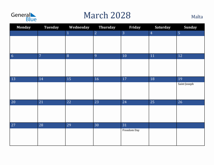 March 2028 Malta Calendar (Monday Start)