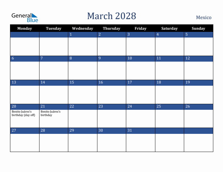 March 2028 Mexico Calendar (Monday Start)