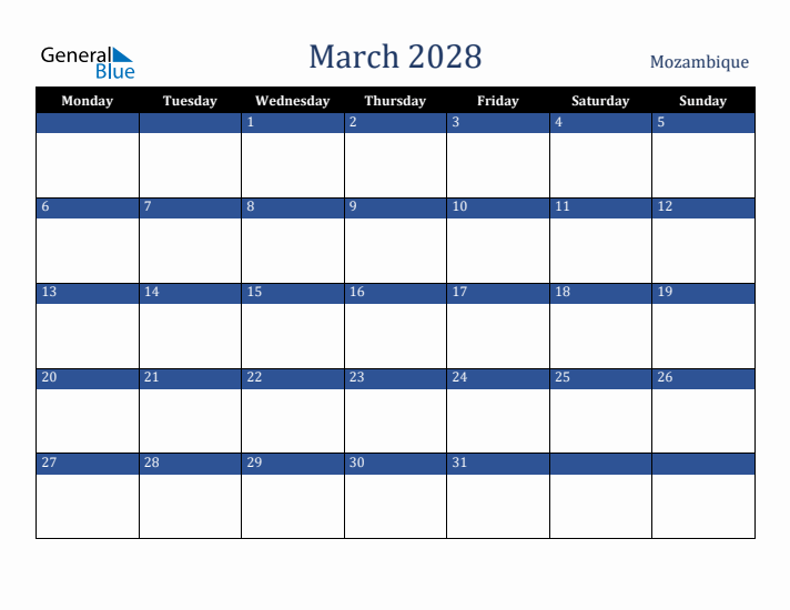 March 2028 Mozambique Calendar (Monday Start)