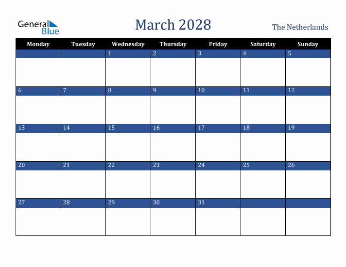 March 2028 The Netherlands Calendar (Monday Start)