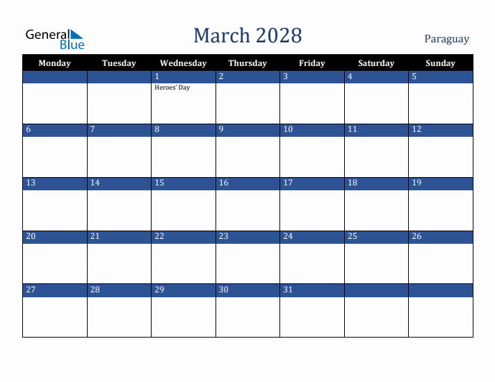March 2028 Paraguay Calendar (Monday Start)