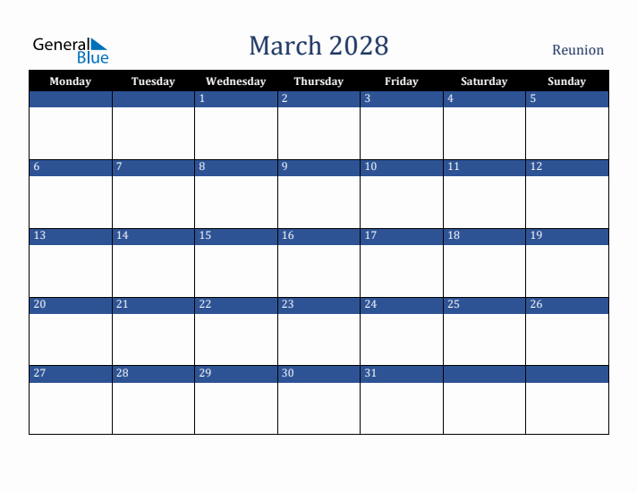 March 2028 Reunion Calendar (Monday Start)