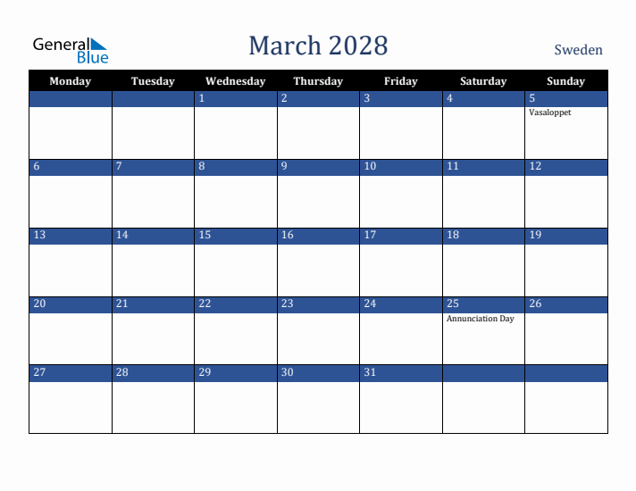 March 2028 Sweden Calendar (Monday Start)
