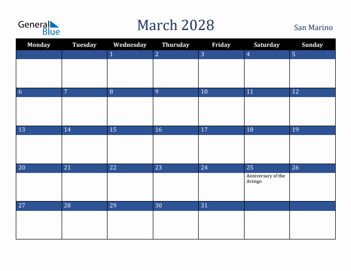 March 2028 San Marino Calendar (Monday Start)