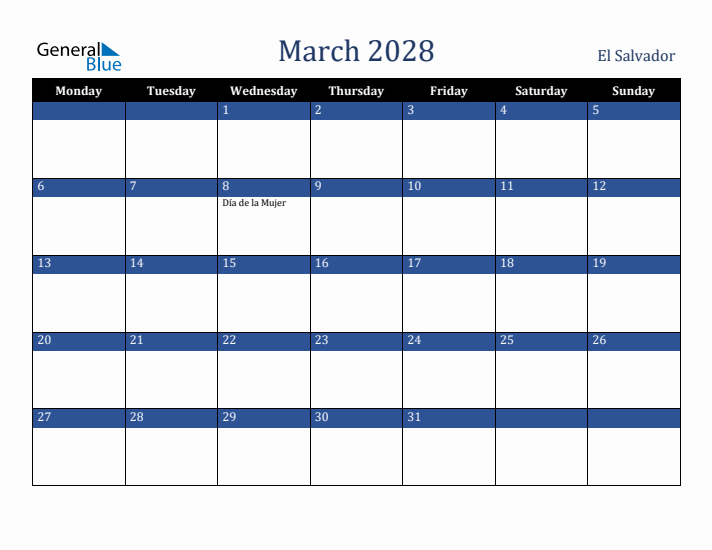 March 2028 El Salvador Calendar (Monday Start)