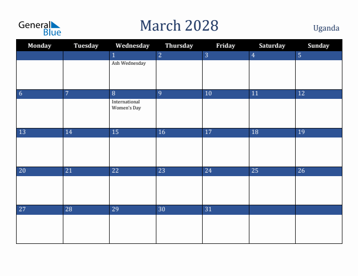 March 2028 Uganda Calendar (Monday Start)
