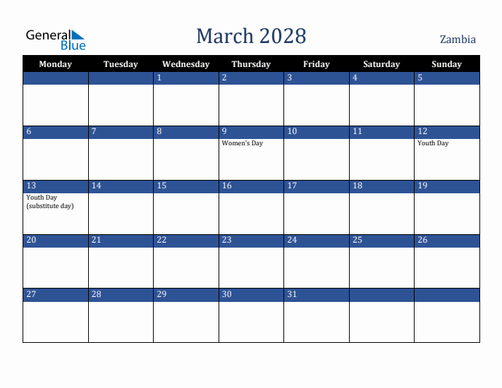 March 2028 Zambia Calendar (Monday Start)