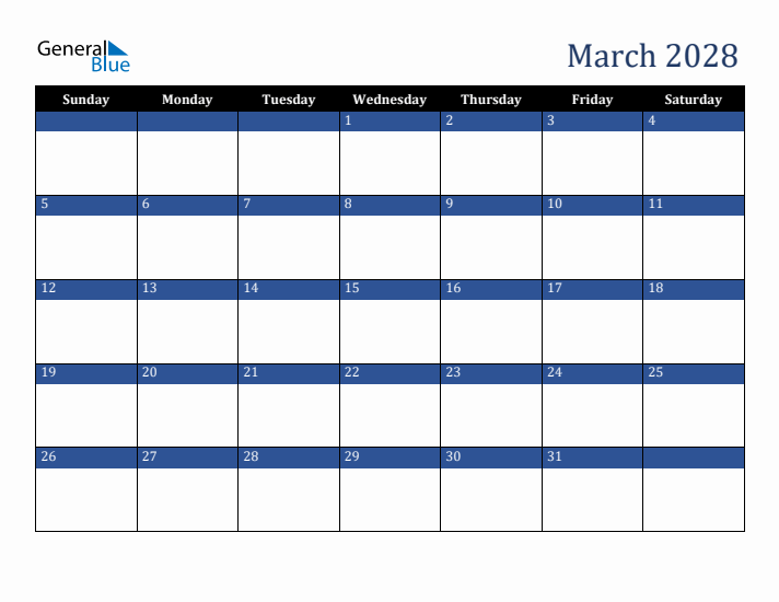 Sunday Start Calendar for March 2028