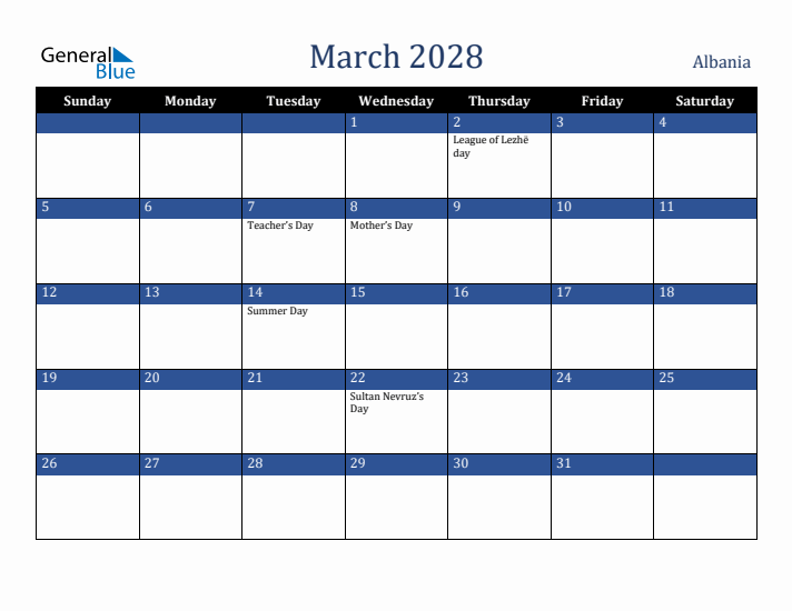 March 2028 Albania Calendar (Sunday Start)