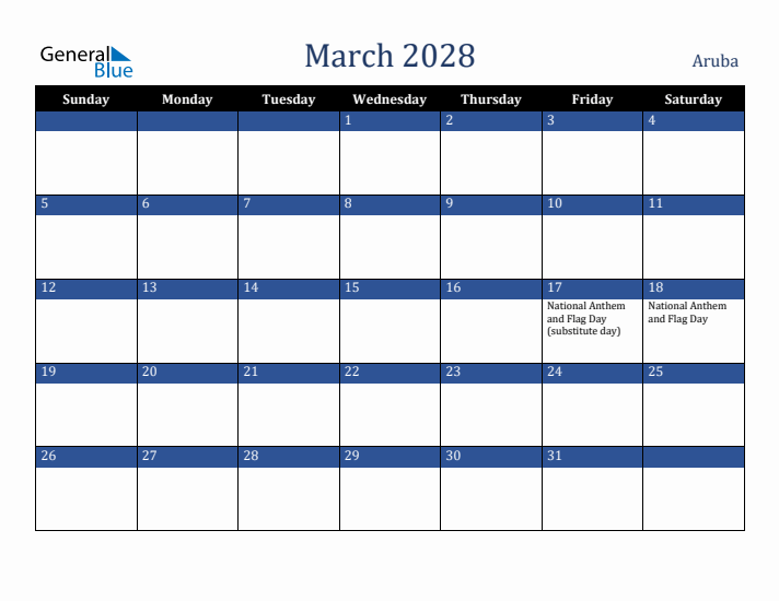 March 2028 Aruba Calendar (Sunday Start)