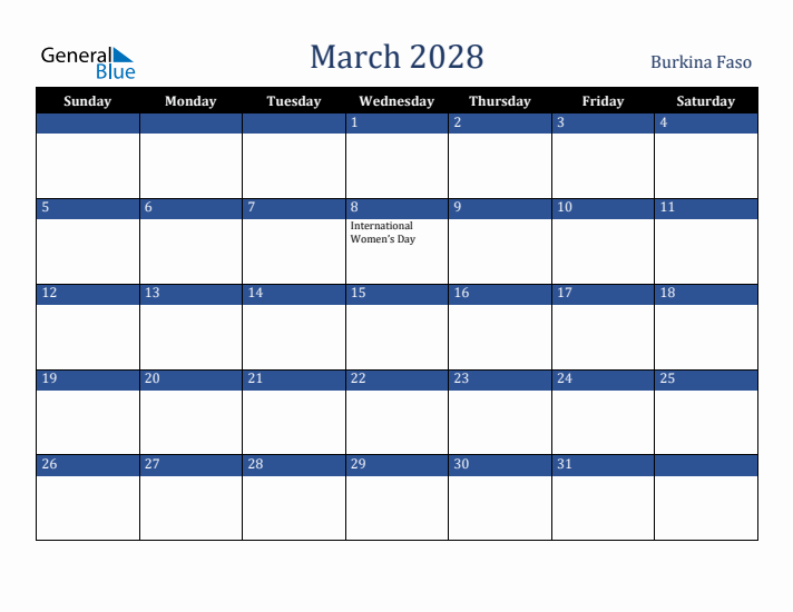 March 2028 Burkina Faso Calendar (Sunday Start)