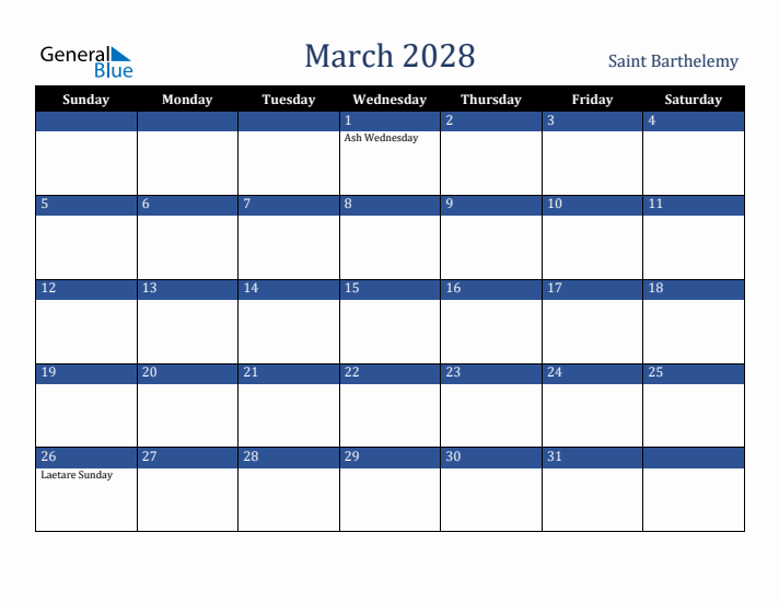 March 2028 Saint Barthelemy Calendar (Sunday Start)