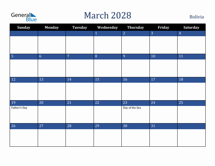 March 2028 Bolivia Calendar (Sunday Start)