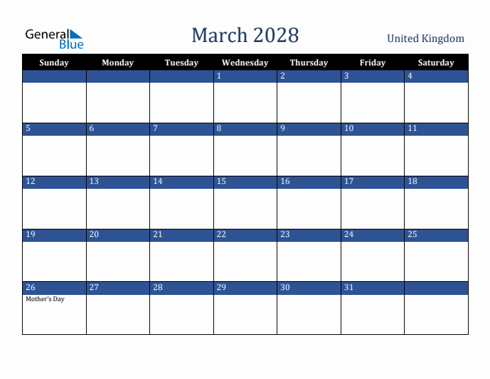 March 2028 United Kingdom Calendar (Sunday Start)