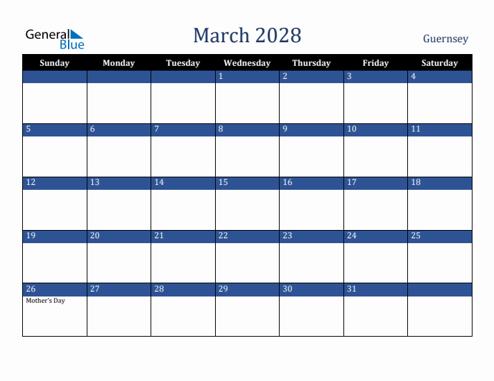 March 2028 Guernsey Calendar (Sunday Start)