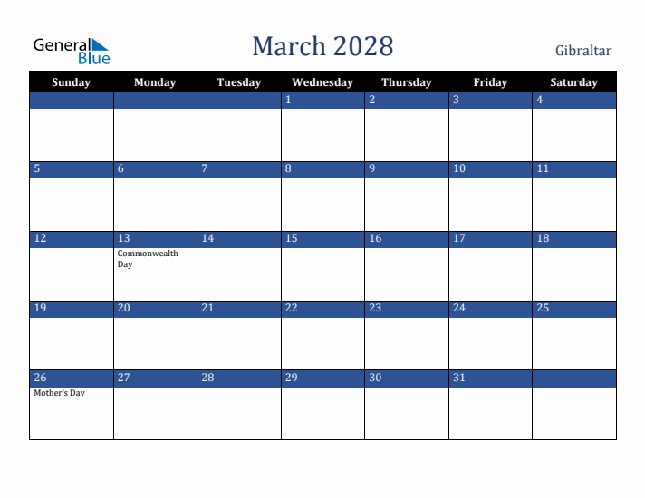 March 2028 Gibraltar Calendar (Sunday Start)