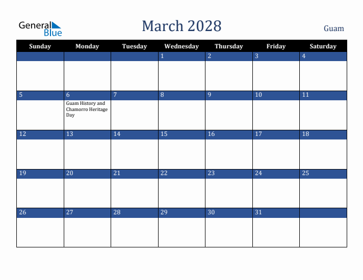 March 2028 Guam Calendar (Sunday Start)