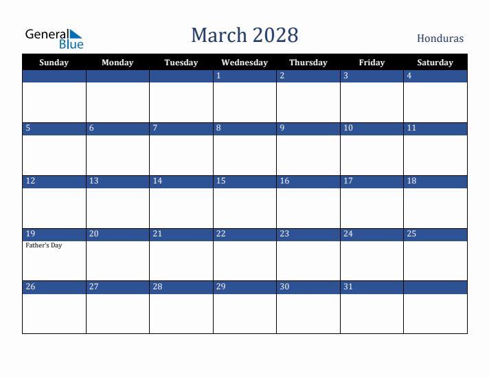 March 2028 Honduras Calendar (Sunday Start)