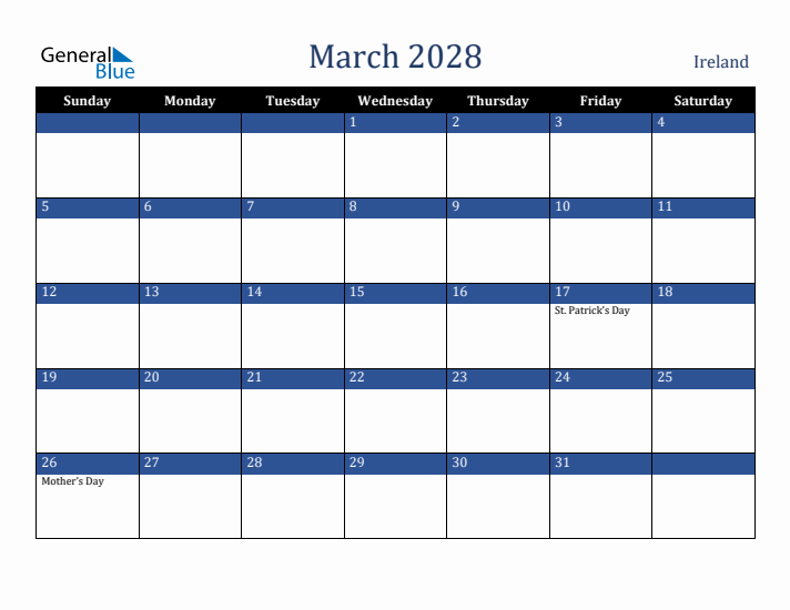 March 2028 Ireland Calendar (Sunday Start)