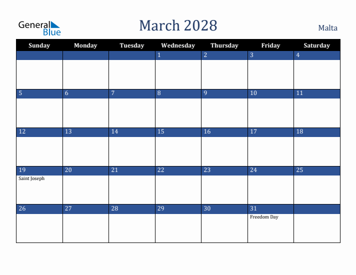 March 2028 Malta Calendar (Sunday Start)