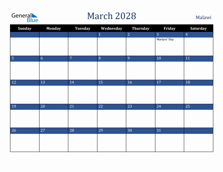 March 2028 Malawi Calendar (Sunday Start)