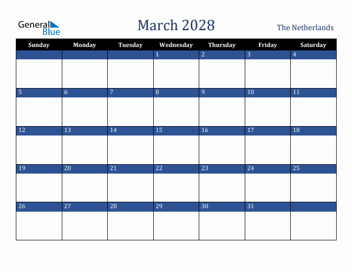 March 2028 The Netherlands Calendar (Sunday Start)