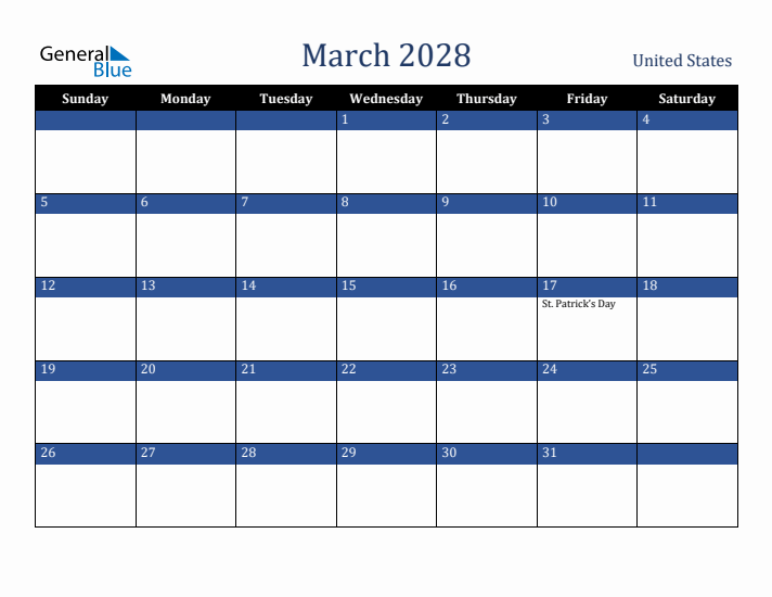 March 2028 United States Calendar (Sunday Start)