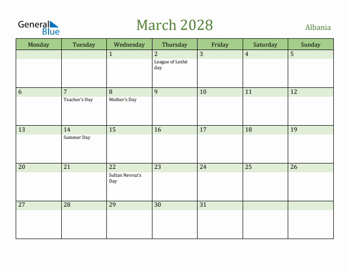 March 2028 Calendar with Albania Holidays