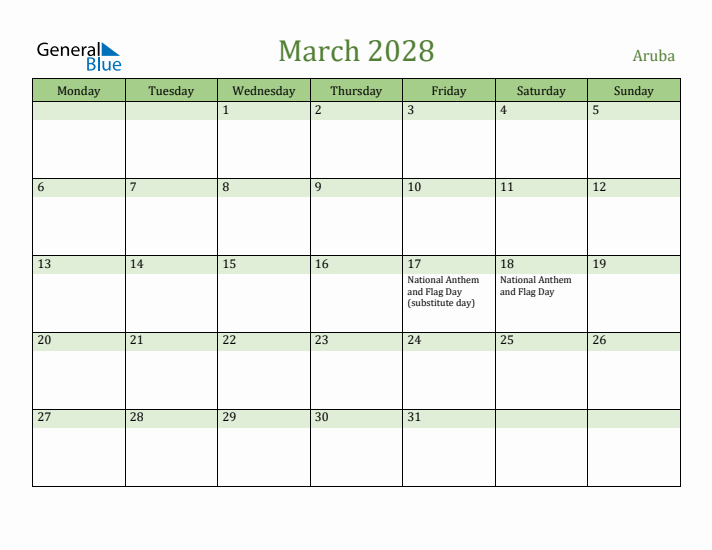 March 2028 Calendar with Aruba Holidays