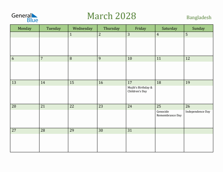 March 2028 Calendar with Bangladesh Holidays