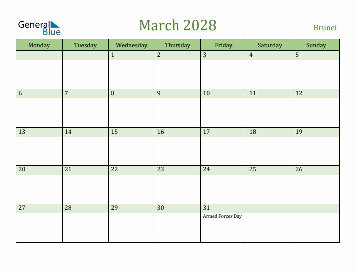 March 2028 Calendar with Brunei Holidays