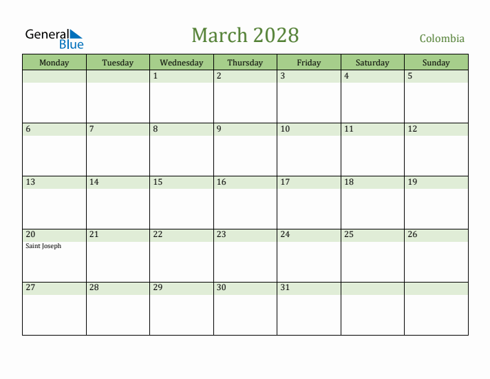 March 2028 Calendar with Colombia Holidays