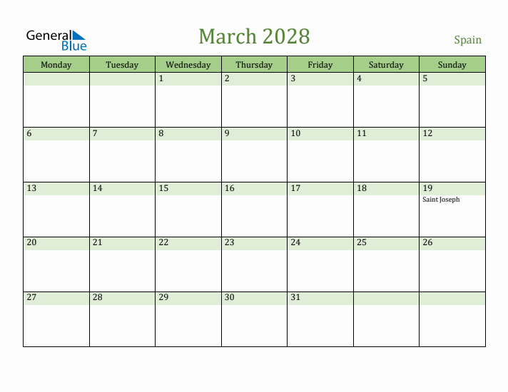 March 2028 Calendar with Spain Holidays