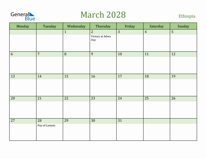 March 2028 Calendar with Ethiopia Holidays