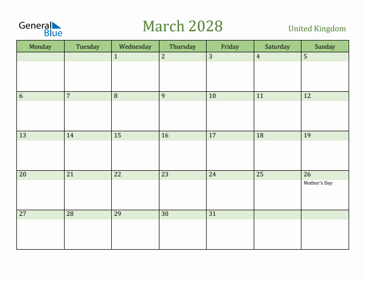 March 2028 Calendar with United Kingdom Holidays