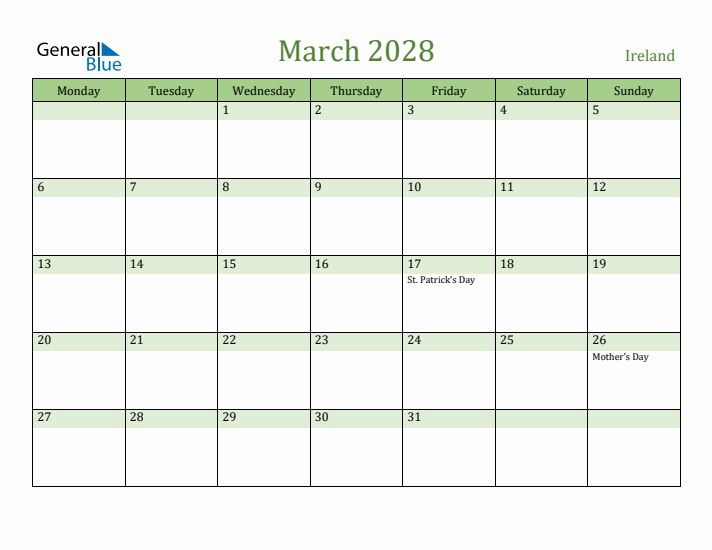 March 2028 Calendar with Ireland Holidays