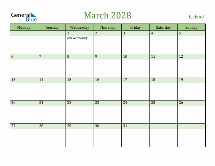 March 2028 Calendar with Iceland Holidays