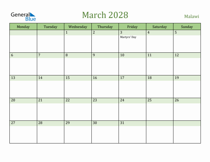 March 2028 Calendar with Malawi Holidays