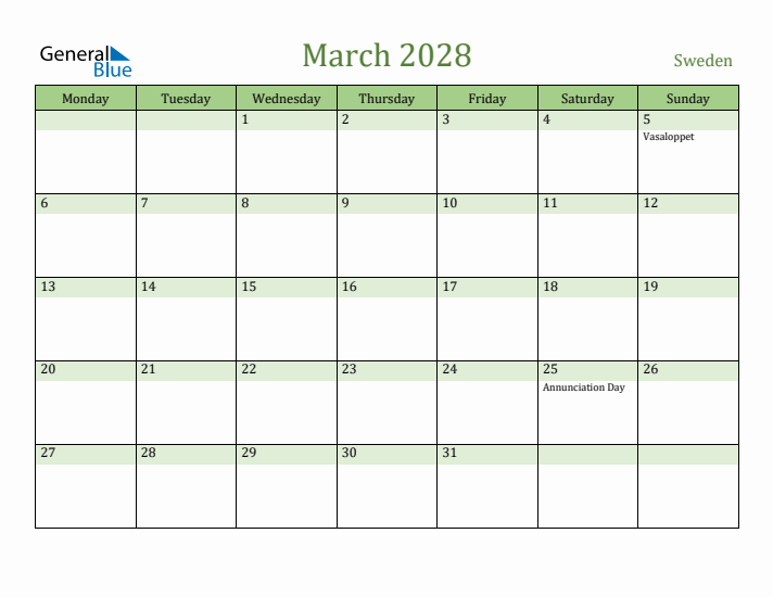 March 2028 Calendar with Sweden Holidays