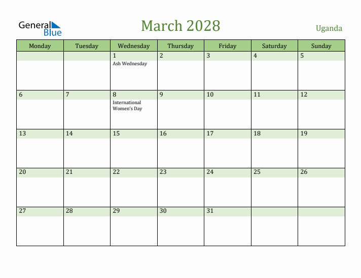 March 2028 Calendar with Uganda Holidays