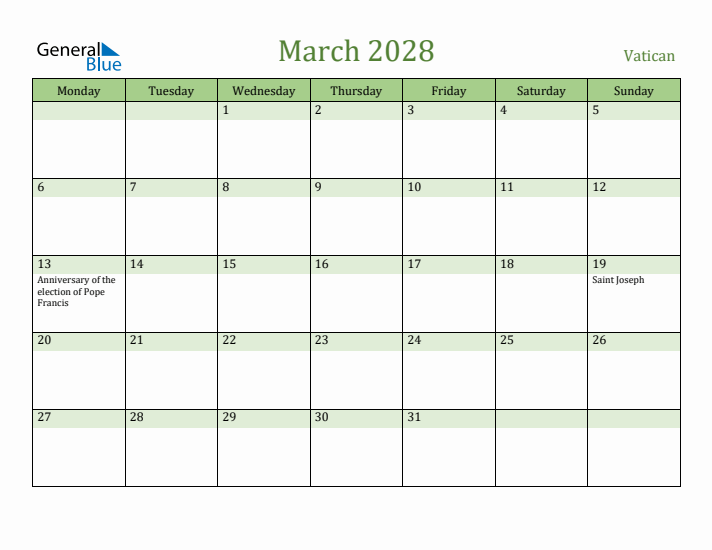 March 2028 Calendar with Vatican Holidays