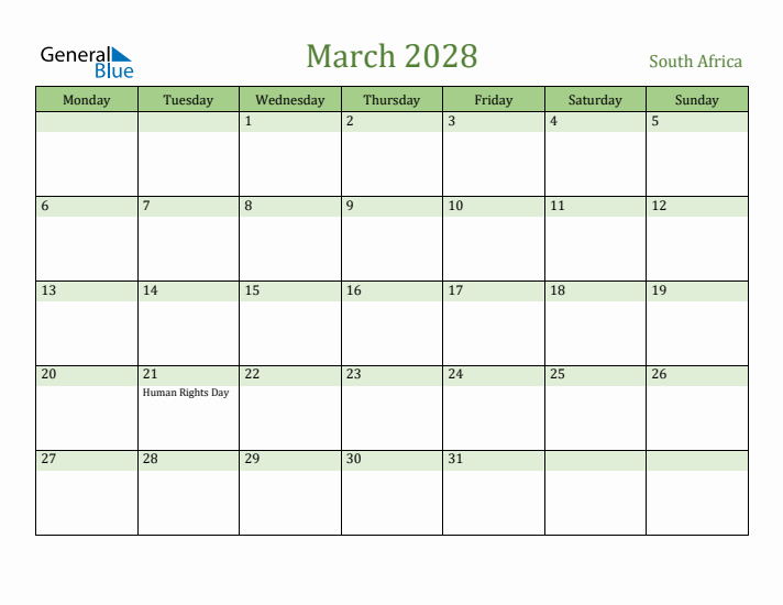 March 2028 Calendar with South Africa Holidays