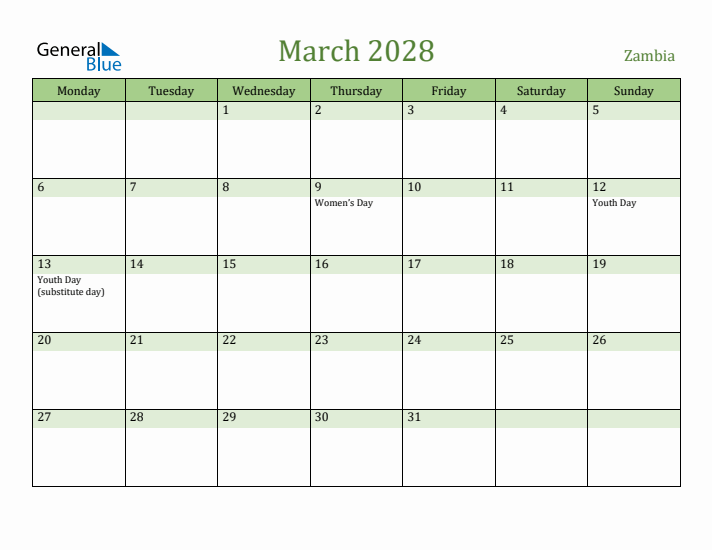 March 2028 Calendar with Zambia Holidays