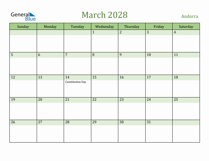 March 2028 Calendar with Andorra Holidays
